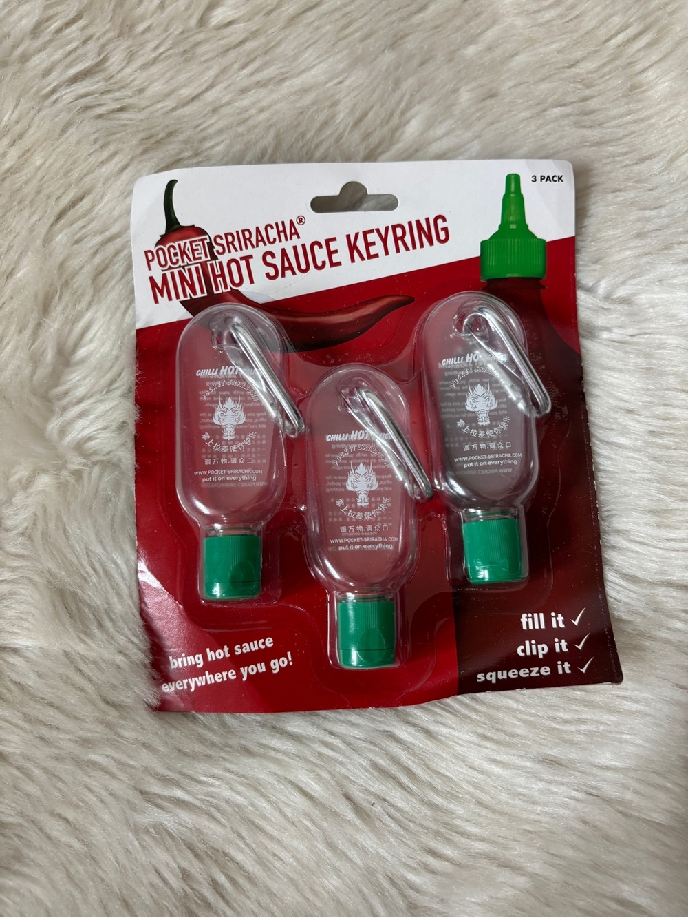 Pocket Sriracha Mini Hot Sauce Keyring - Clear Bottle with Green Cap (3 Pack)
